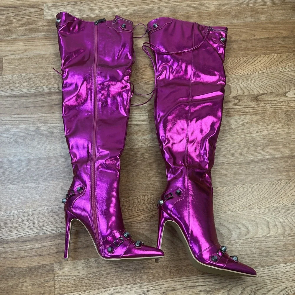Cape Robbin Pofin-2 Metallic Thigh High Pointy‎ Toe Boots Hot Pink Women's 7 NEW